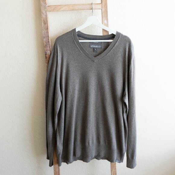 Eddie Bauer Sweater Men’s Size XL Gray Taupe Merino Wool Knit Cotton LS VNeck - Picture 1 of 7